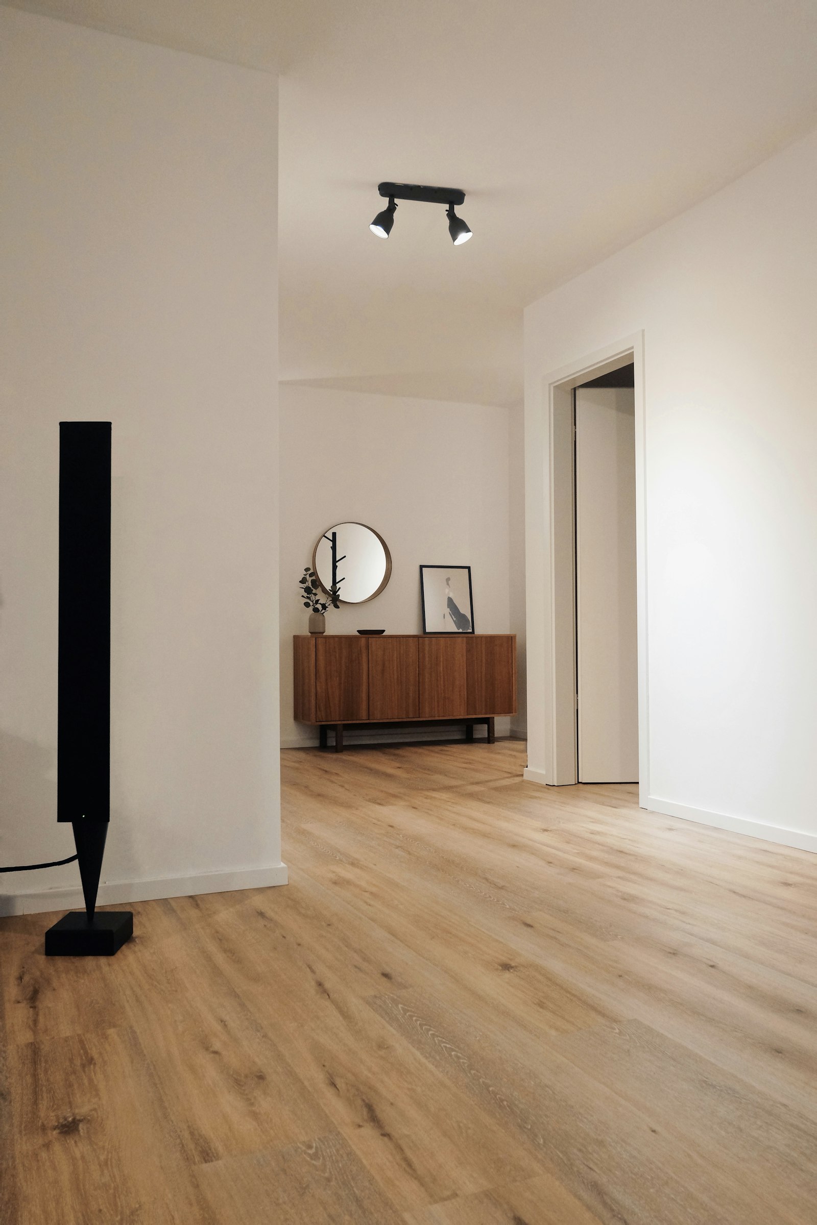 Warm residential interior with freshly installed hardwood flooring